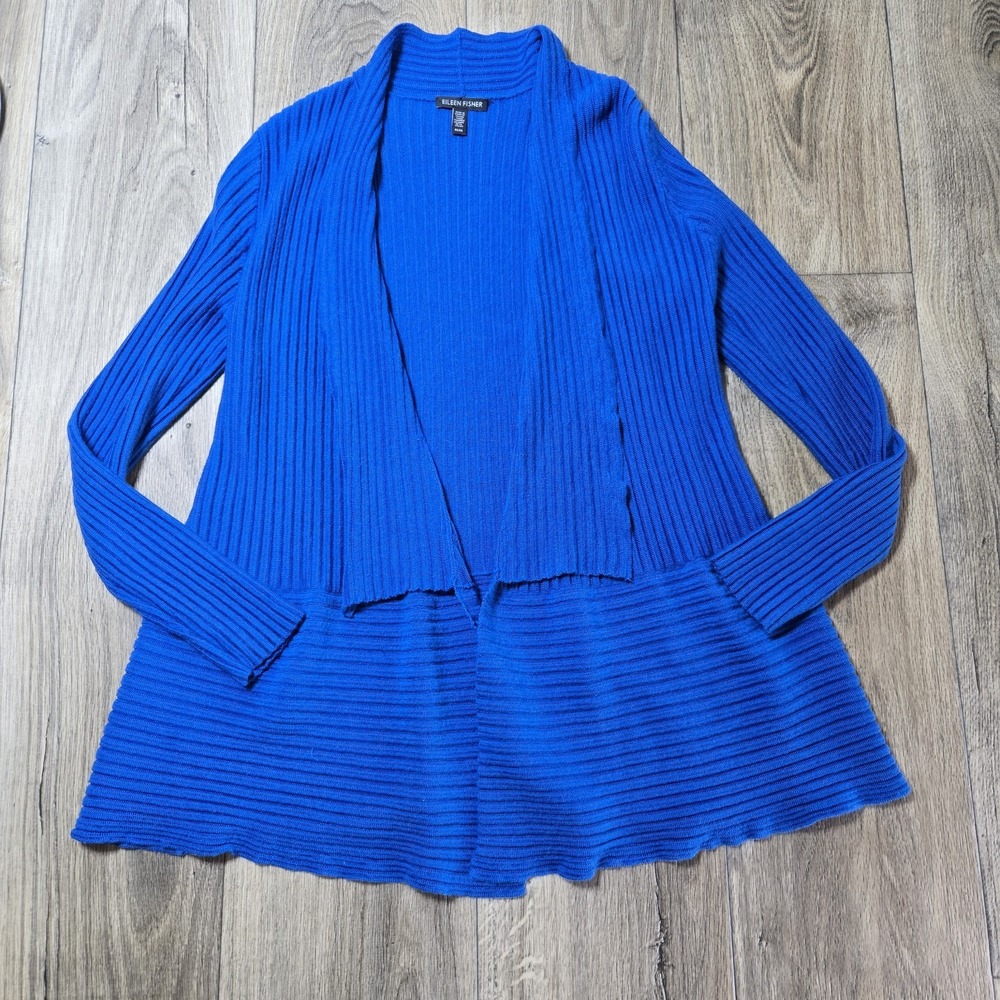 Eileen Fisher Merino Wool Cascade Open Front‎ Cardigan Women's Medium Blue